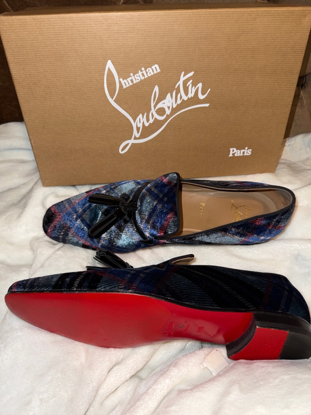 Men’s size 11 (44.5) Christian Louboutin daddy flat tartan velvet /patent w/box